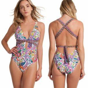 Trina Turk White Jungle Beach Plunge Swimsuit